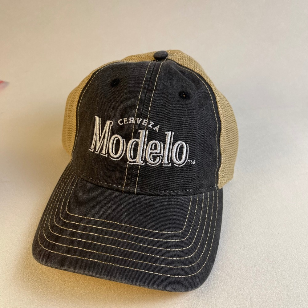 Cerveza Modelo Trucker Hat Faded Black Tan Mesh Snapback Baseball Cap Logo